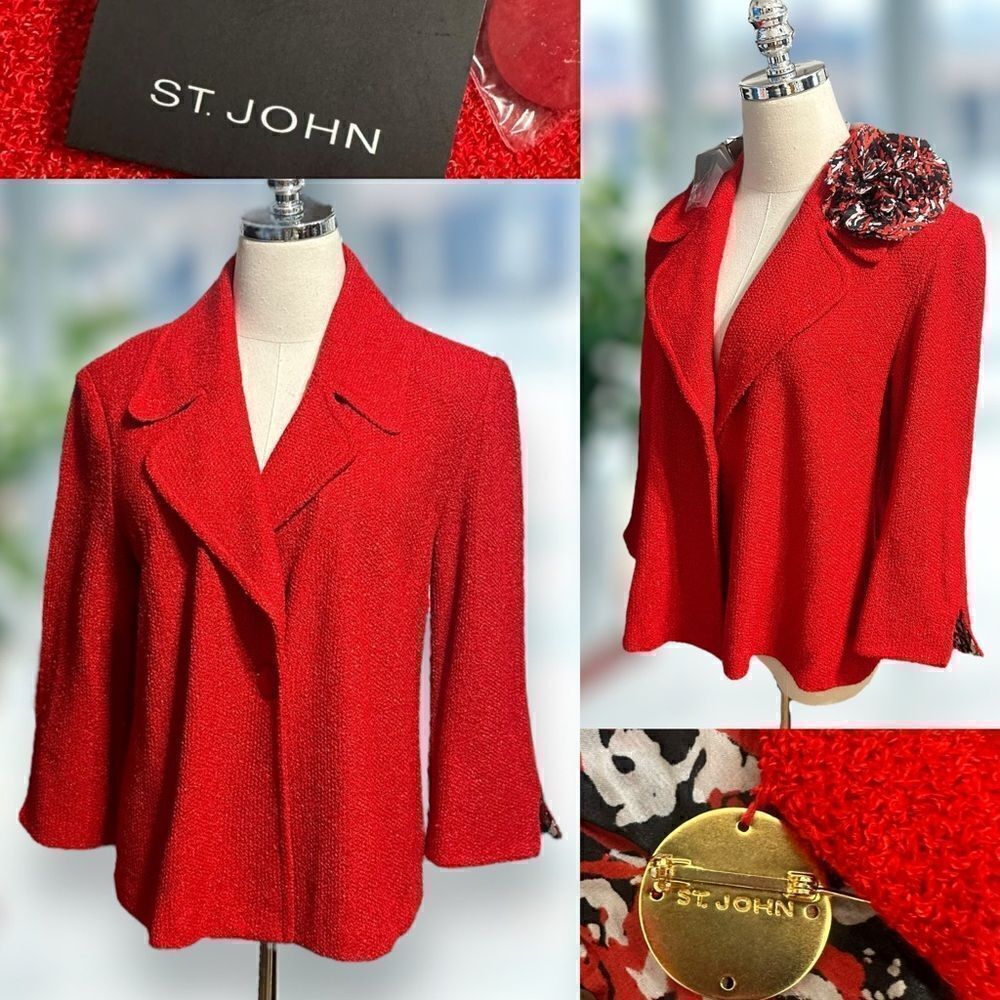 NWT St. John Venetian Red $1250 Tweed Boucle Wool Blend Jacket Blazer Size 10